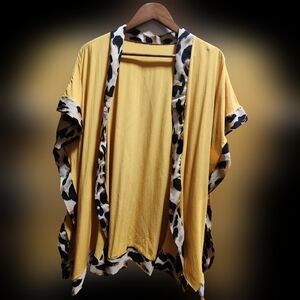 Women's Mustard Kimono with Leopard Print Trim